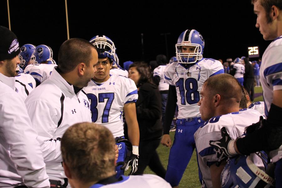 Lake Central boys talk with Coach Michael Bork during last Friday’s game at Merrillville.  The boys will play their next game on Friday, Sept. 12 against Valparaiso. 
