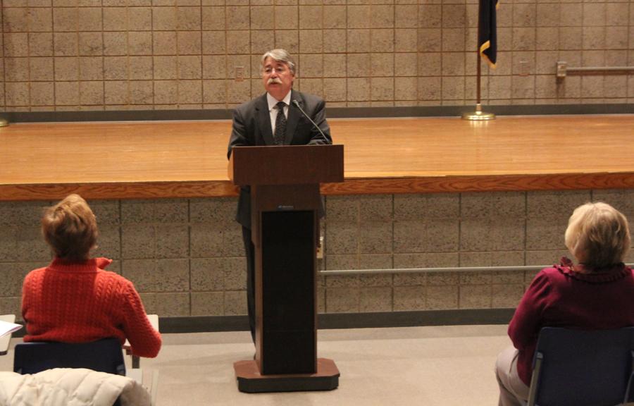 Indiana Attorney General Greg Zoeller addresses members of the press, law enforcement, school board and administration. Zoeller conducted a conference at Lake Central to promote Senate Bill 1 and praise LC for already taking steps to hire a Student Resource Officer.