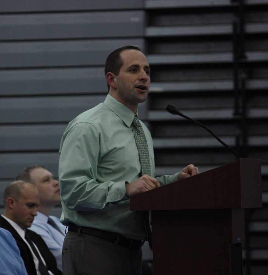 Mr. Tony Bartolomeo, Athletic Director, addresses students and their families about their sports season. Winter sports banquet took place on March 12th .