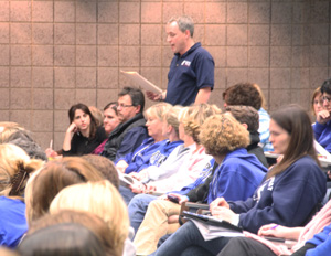  Robert Gustas (Math) speaks at the school board meeting on March 4. Teachers were upset over the raises given to 11 school administrators. 