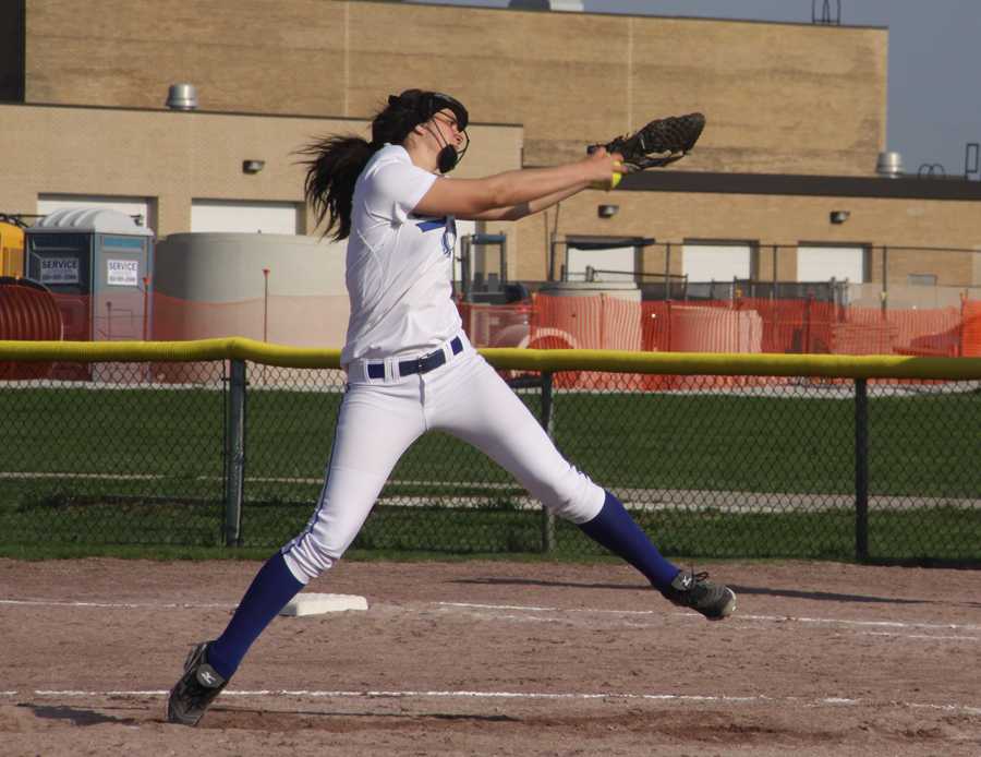 Annabel Karberg (10) pitches during the game against Michigan City on Wednesday, May 1st. The girls pulled ahead by 10 points with a score of 11-1, ending the game in slaughter rule.