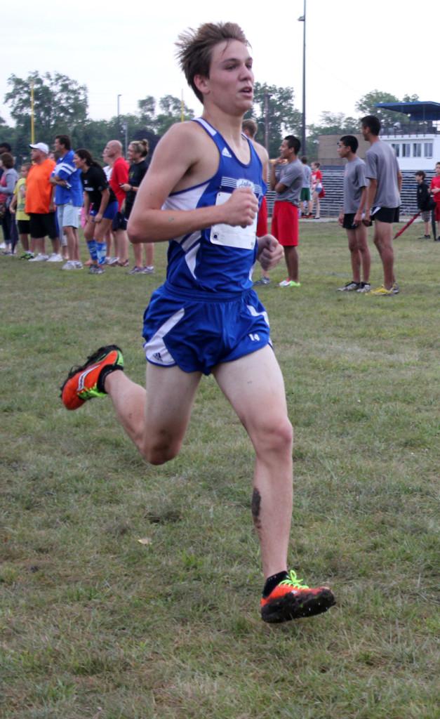 Zachary Hupp (10) races to the finish line at the boys cross-country team’s first meet.  The team took second and had three runners placed in the top six.