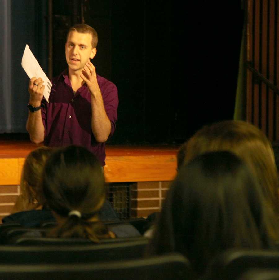 Technical director Tom Plummer (‘09) explains his ideas for the set for this years fall show at the theater callout meeting. Plummer had designed the set prior to this meeting and was excited to share his ideas.
