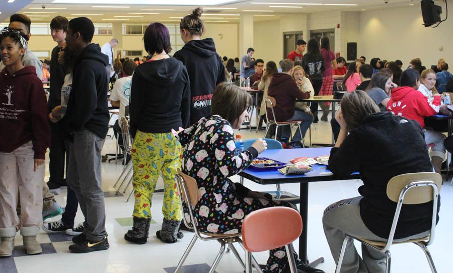 Students gather during lunch dressing up for the finals spirit week. Wednesday as shown, was pajama day and gave students the opportunity to dress comfortably.