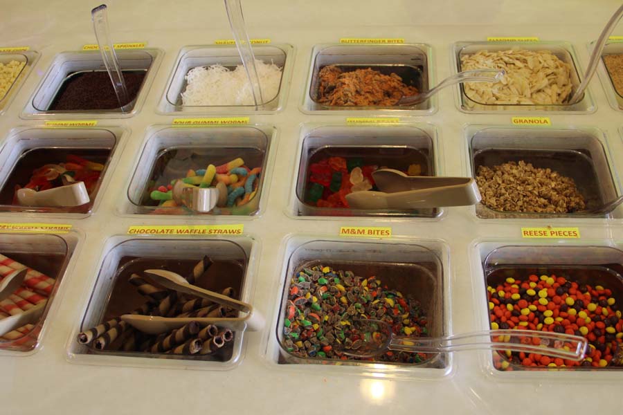 Chocolate+waffle+straws%2C+sour+gummy+worms%2C+Reeses+pieces%2C+M%26M+bites+and+many+other+candies+are+set+up+in+miniature+bins+along+the+left+side+of+the+checkout.+These+will+all+be+added+to+top+off+the+frozen+yogurt+snack+purchased.