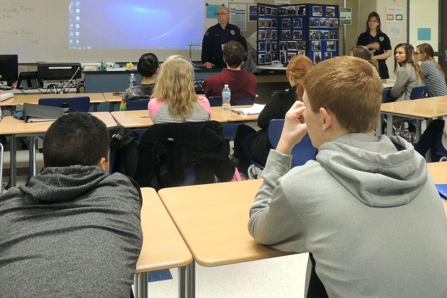 Mrs. Rachel Thomas’s, Science, first hour forensic class listen intently as Officer Otano explains the Explorer Program. Once his speech concluded, the students were encouraged to grab a brochure containing more information. 