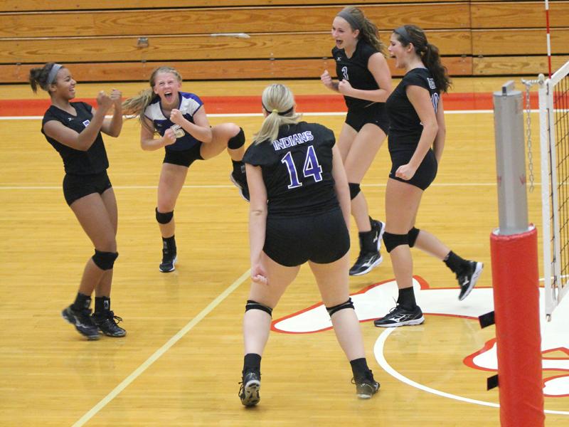 The players cheer after they win a point. The Indians took control of the match in the third and fourth sets to take the match to five sets. 