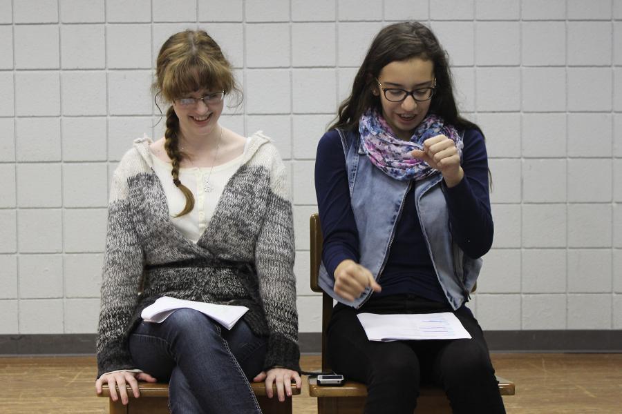 Rachel Kozel (10) and Mia Flory (9) practice their duet acting scene.  The scene revolved around the bonding of a goofy driver’s ed teacher and serious sixteen-year-old girl. 