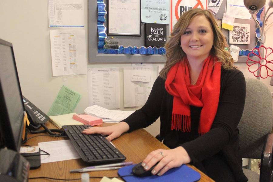 Ms. Ashley Kline, Guidance, sits at her desk in the Guidance Office that is located in the Freshman Center. Ms. Kline is the faculty sponsor for the club Dollars for Scholars at LC.
