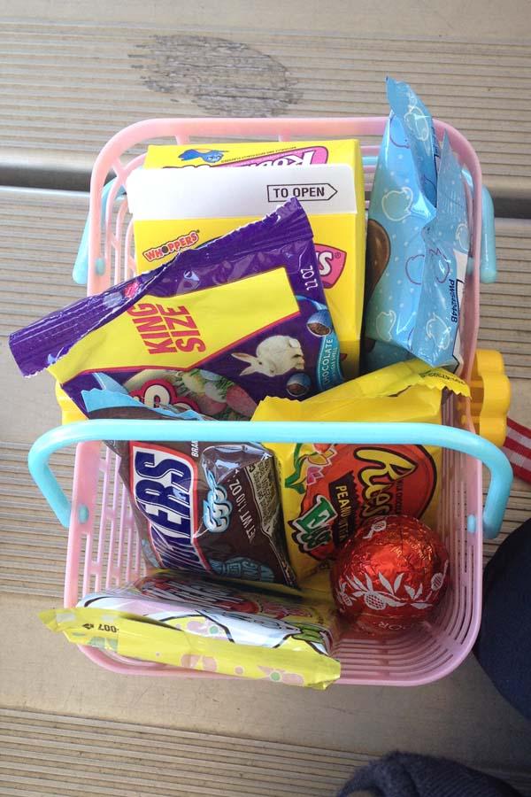 The contents of one of the easter baskets exchanged included a stuffed animal and a box of candy.  The baskets were exchanged before the scrimmage.