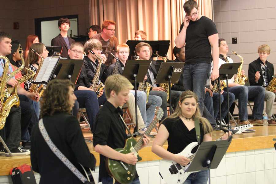 A group of students from Lake Central’s Jazz I group practice before they perform. At the end of the festival, everyone who participated played for the “Student Mosh Pit.”