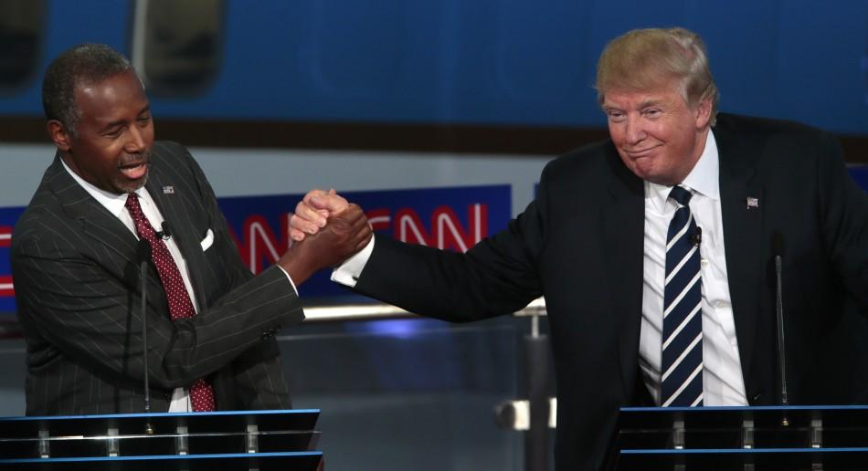 Republican presidential candidates Ben Carson, left, and Donald Trump during the GOP debate at the Reagan Library in Simi Valley, Calif., on Wednesday, Sept. 16, 2015. (Robert Gauthier/Los Angeles Times/TNS)