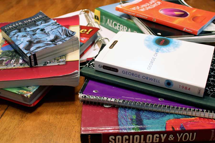 A pile of homework lays on Amy Denton’s (10)  table at home. Students spend a range of time on homework. 