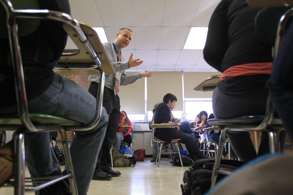 History teacher Josh Bill gestures while teaching an AP U.S. History class at Waukegan High School, January 8, 2013. (Stacey Wescott/Chicago Tribune/MCT)