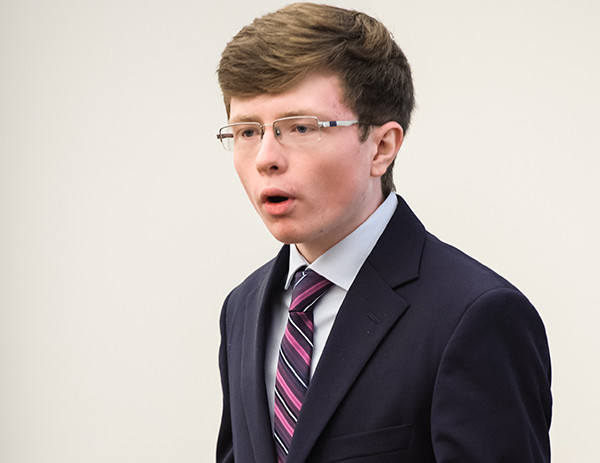 Sean Meyer (12) presents a business pitch at the Business Is Global program through the Kelley School of Business at Indiana University. Meyer participated in the 2015 summer program. 