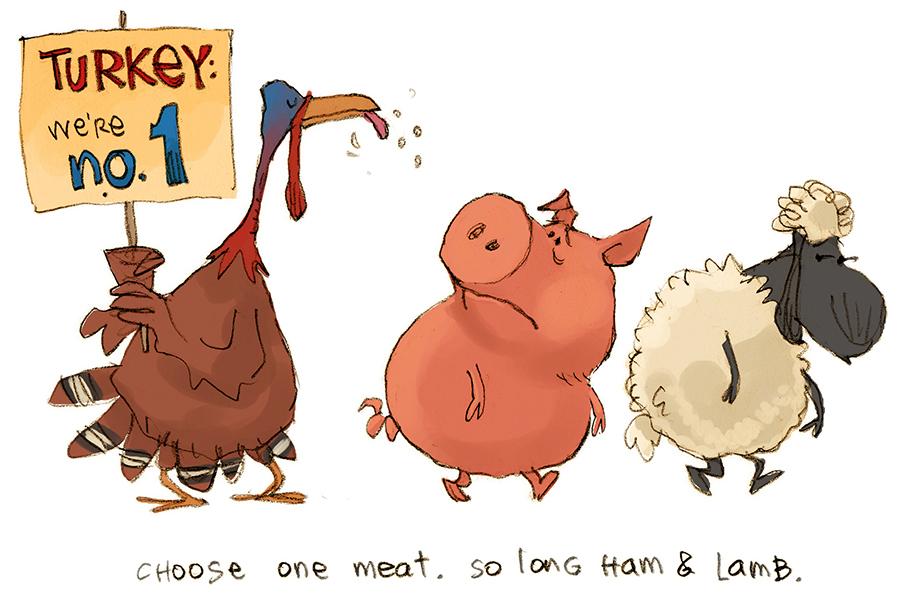 300 dpi Chris Ware illustration of a gobbler proclaiming to a pig and a lamb that turkey is No. 1 for Thanksgiving dinner. Used with limited license: Lexington Herald-Leader/MCT)
