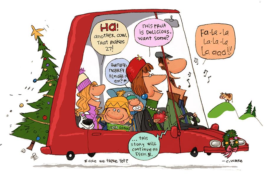 Chris Ware illustration of family making a car trip during Christmas. Photo used with limited license; MCT campus.