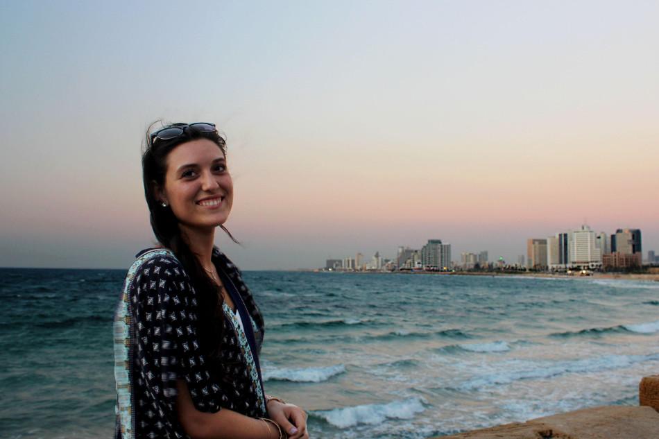 Talia Harman (12) poses for the camera in Tel Aviv, Israel. The total flight time from Chicago, Illinois, to Tel Aviv,  Israel, with a layover in Istanbul, Turkey,  was 14 hours.
