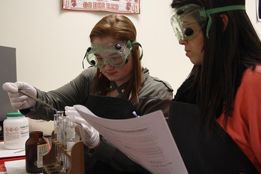 Elise Smith (12) pours iodine crystals to a test tube. Laurel Taylor (12) recorded any observations of the reaction.