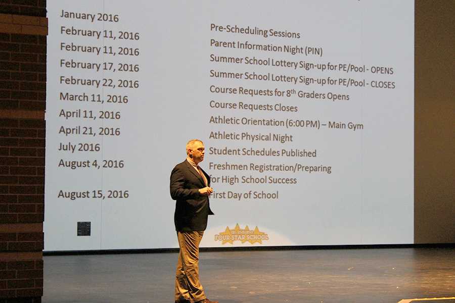 Mr. Sean Begley, Principal, presents a PowerPoint presentation regarding the new bell schedule, students’ transition to high school and college and career readiness. The presentation lasted 30 minutes. 
