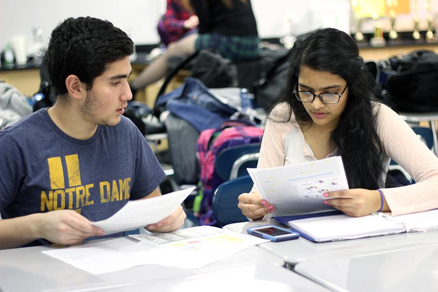 Mohammed Hijaz (11) and Payal Bhatt (11) study for their event after school on Tuesday, Feb. 23. Out of 15 other teams, Lake Central finished in first place at Regionals on Saturday, Feb. 27. Photo by: Ruth Chen 