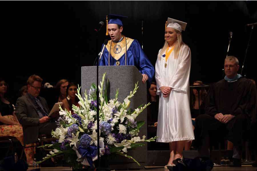 Nicholas Kiepura (‘15) and Tiffany Polak (‘15) speak on behalf of the Class of 2015. Commencement tickets are only on sale until Friday, March 18.