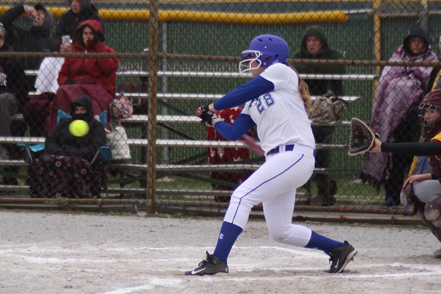 Kayla Carson (9) hits the ball. The game took place at home on April 26 at 4:30 p.m.