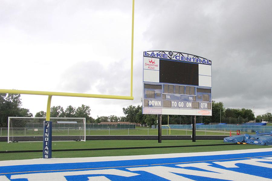 Lake Central High Schools new video board is attached to the top of the original score board. The video board will be used for previously loaded animations and videos.

