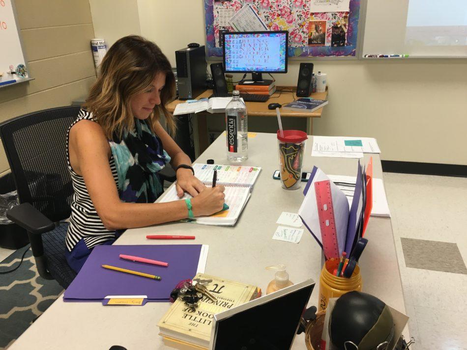 Mrs. Andrea Leahy, Mathematics, writes her agenda for the week. Leahy is Lake Central’s newest geometry teacher.
