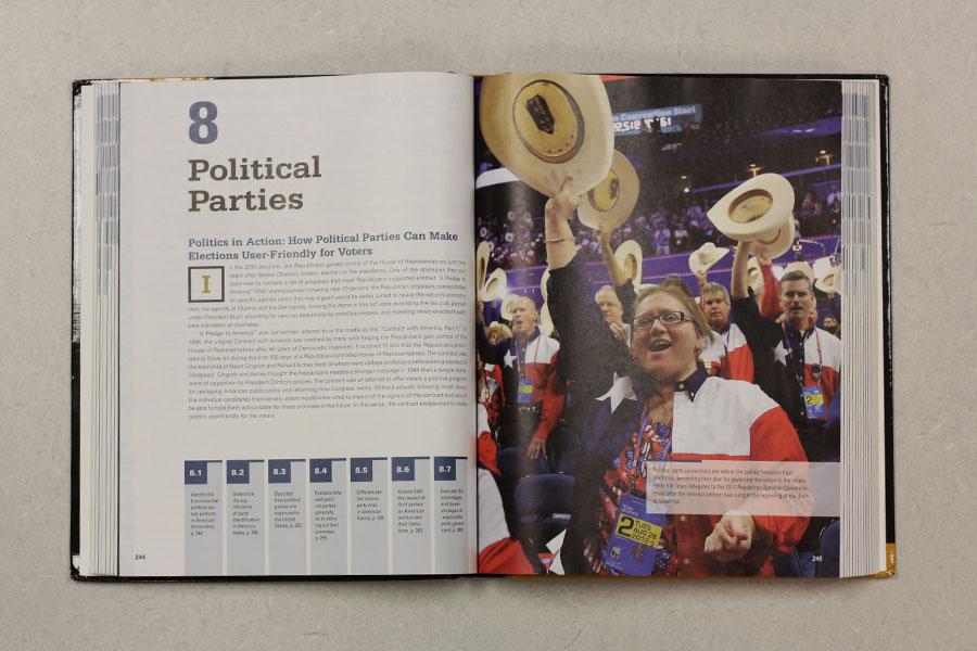 An Advanced Placement U.S. Government textbook opened on Chapter 8 sits on a desk. While teaching government to students, teachers are urged to remain objective about their own views.