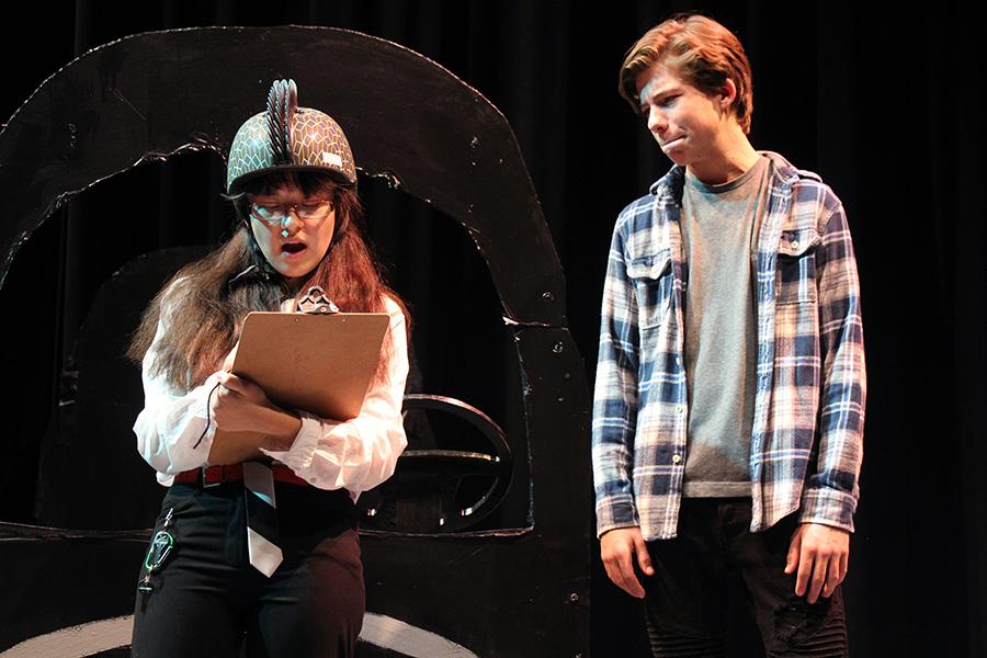 Elise Halbe (10) and Connor Ryan (10) act in “You’re Driving me Crazy.” The duo played a nervous driving instructor and hesitant new driver. Photo by: Abigail Hines (12). 