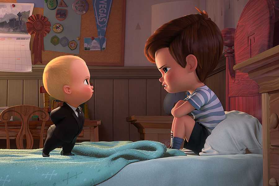 From left, Boss Baby, voiced by Alec Baldwin, tries to convince Tim, voiced by Miles Bakshi, that they must cooperate in DreamWorks Animation's "The Boss Baby." (DreamWorks Animation)