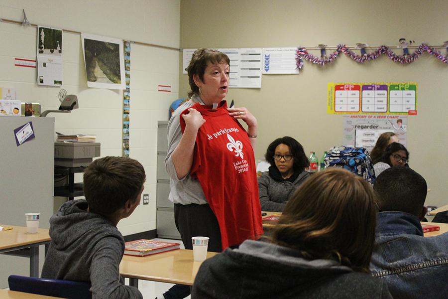 Ms. Beverly Bovard, World Language, explains how to purchase French Club shirts. The first French Club meeting of this year was held on Tuesday, Sept. 12. 