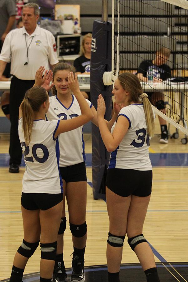 Jillian Moore (10),Lilly Robinson (9) and Joie Mulligan (9) high five after they score a point. Although the team struggled during the first half, they managed to pull it together in the second half and pull out a win.She set up many balls for her teammates to spike. 