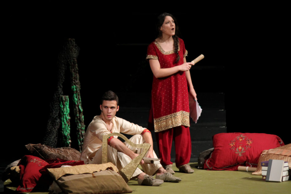 Theodore Karras (12), playing prince Amir and his mother, played by Vanessa Torres (12), discuss plans for the ball at the palace. The sets for the palace, forest and other locations in the play were done by nine volunteers.
