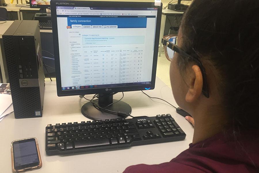 Taylor Gibson (12) updates her Naviance account after being accepted into Indiana University and Michigan State University. Counselors advised seniors to use Naviance throughout their application process.