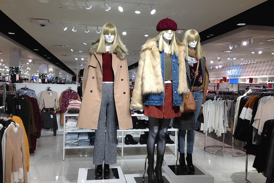 New clothing trends are showcased in Forever 21 to attract customers. The store is very popular among high school students. 
