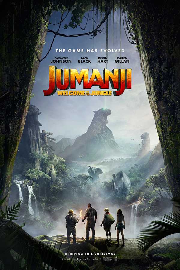 Ruby Roundhouse (Karen Gillan), Moose Finbar (Kevin Hart), Dr. Smolder Bravestone (Dwayne Johnson) and Professor Shelly Oberon (Jack Black) stand looking out into the game field of Jumanji. The movie was released in theaters on Wednesday, Dec. 20, 2017. Photo credit to Google Images.