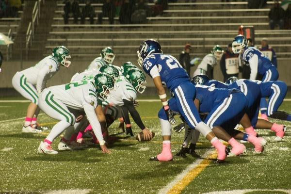 LC defense prepares to stop the Valpo offense on the cold friday of October 12, 2018. The Valpo player passed the ball shorty after they made a score.