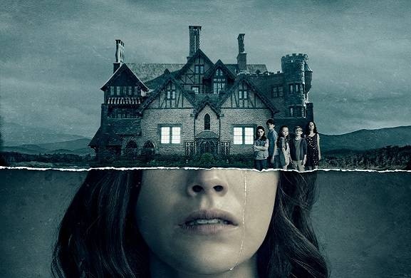 The five siblings stand in front of Hill House, the house that will end up changing their futures, lives, and outlooks, featuring protagonist, Nell Crain crying.  The 2018 series is based off of the 1959 gothic horror novel.