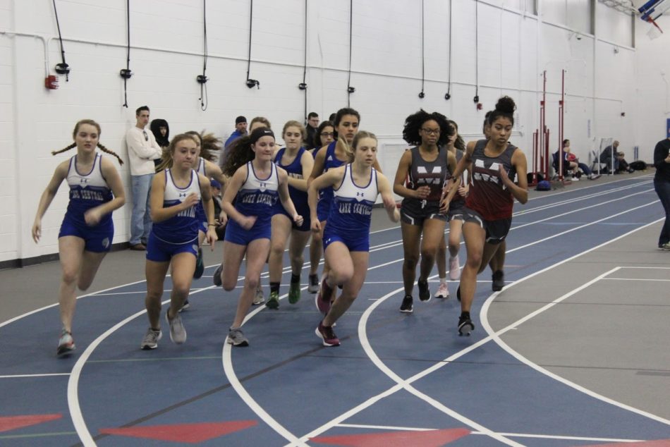 A group of Lake Central track members prepare to race against girls from Morton High School and Highland High School. Lake Central won against both schools on Friday, March 8.