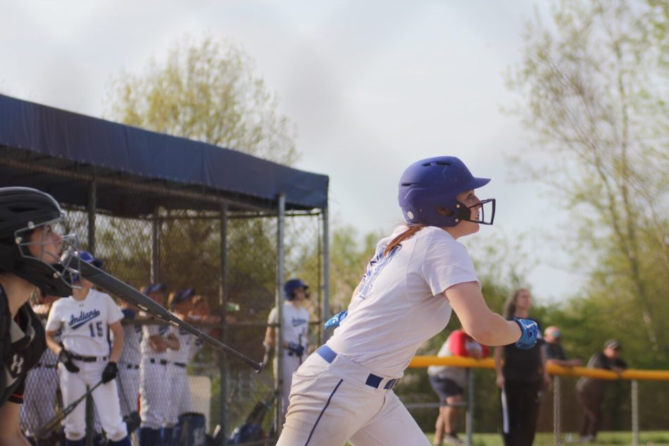 Gabby+Fredrickson+drops+her+bat+and+starts+to+sprint+down+the+first+base+line+after+a+hit+to+the+outfield.+The+girls+came+back+during+the+fourth+inning+after+being+tied+to+Laporte+4-4.