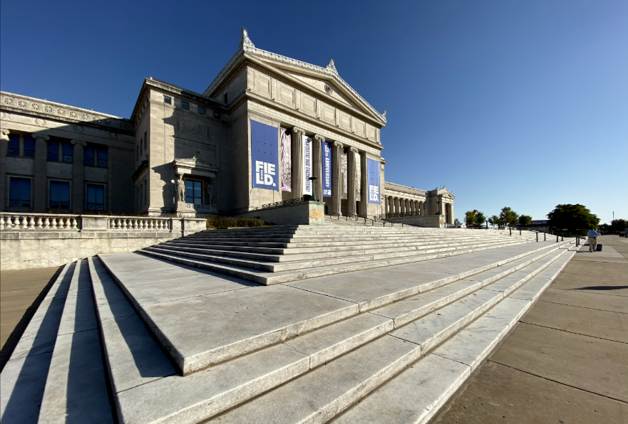 The Field Museum is a unique location with a plethora of knowledge about natural history. The length of limestone stairs guide you to the huge glass entrance at the top.