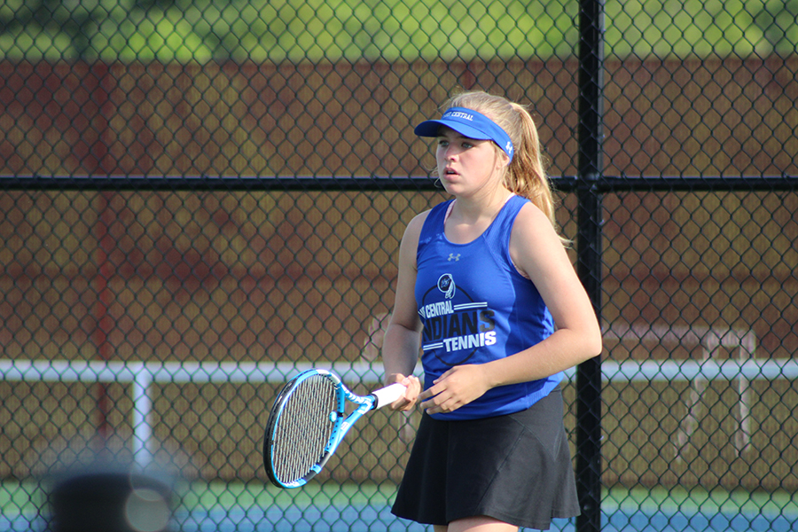 Caption: Lake Central tennis player, Isabella Watts (12), played at Crown Point High School on May 16, 2019. This was the last game of the season and they did not move onto regionals. 