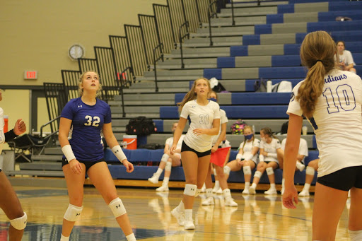 The JV Girls Volleyball team prepares to hit the ball back to Valparaiso. The girls won both of their matches.