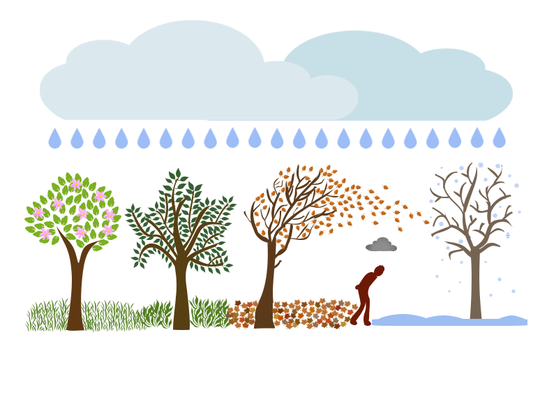 A person is seen walking through trees that symbolize the months; in the image he is just starting to go through winter. This image was meant to show that they are upset going through the winter and fall months, shown through the cloud above their head. 