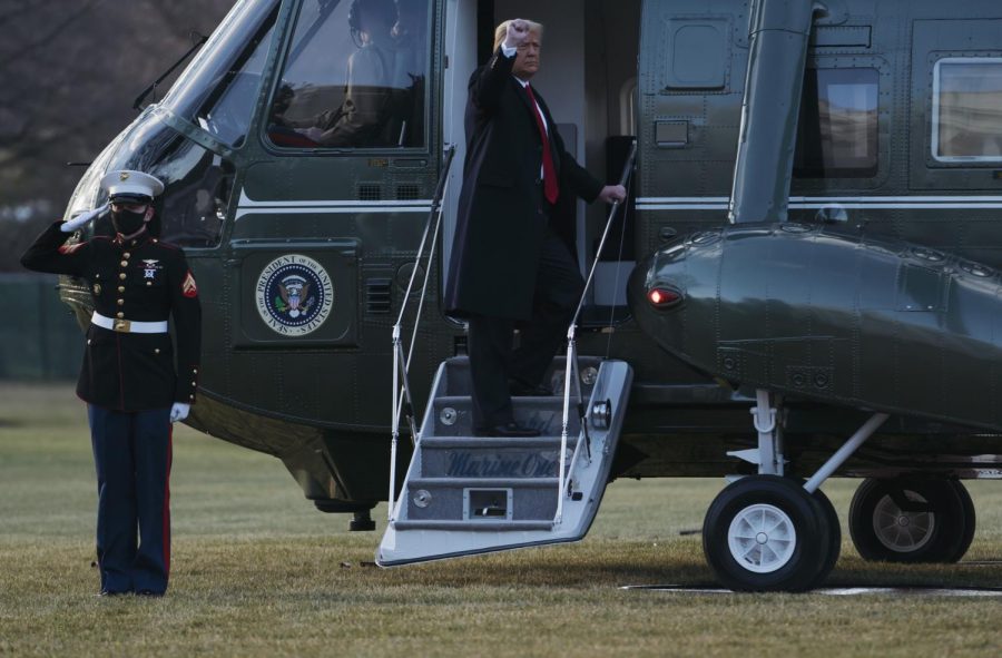 U.S. President Donald Trump boards Marine One as he and first lady Melania Trump depart the White House on Jan. 20, 2021, in Washington, D.C. (Eric Thayer/Getty Images/TNS)