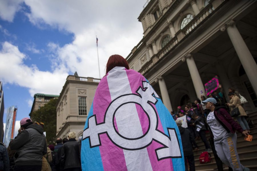 This is a photo that was taken at a protest. The person was wearing a transgender flag.