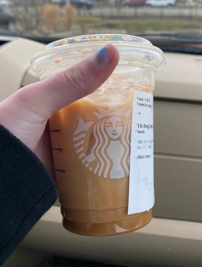 The new Starbucks Iced Brown Sugar Oatmilk Shaken Espresso in a size “tall.” This drink was released on March 2.