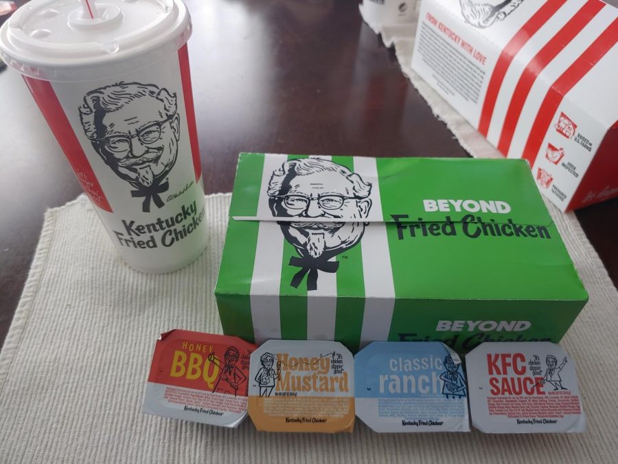 KFC+introduces+Beyond+Fried+Chicken+Jan.+10+for+a+limited+time.+The+meal+came+with+fries+and+a+variety+of+sauces.+%0A